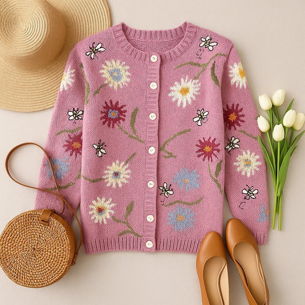 Talbots Hand-Knit Floral & Bee Cardigan — Rare Collectible (Size L) - Picture 5 of 9